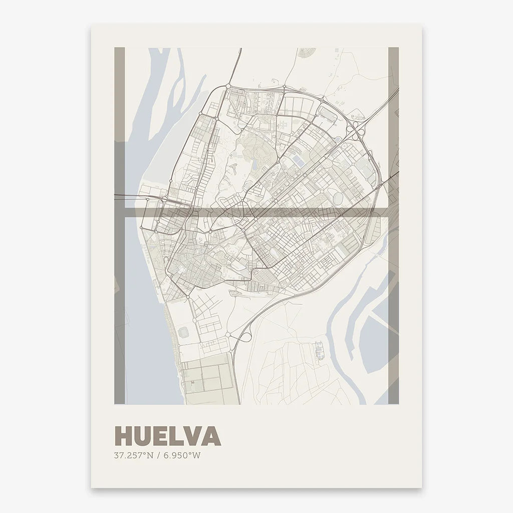 Poster of Huelva composed with letters in extra light font printed on light brown and an off-white background