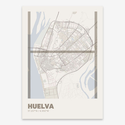 The map of Huelva composed with letters in extra light font printed on light brown and an off-white background