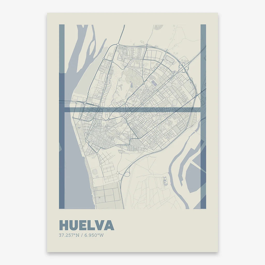 Poster of Huelva composed with letters in extra light font printed on bluish gray and an off-white background