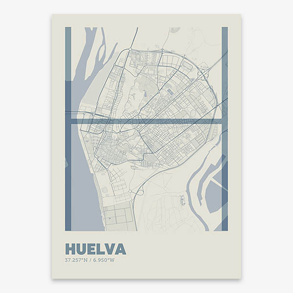 Poster of Huelva composed with letters in extra light font printed on bluish gray and an off-white background