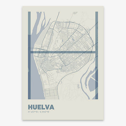 Poster of Huelva composed with letters in extra light font printed on bluish gray and an off-white background