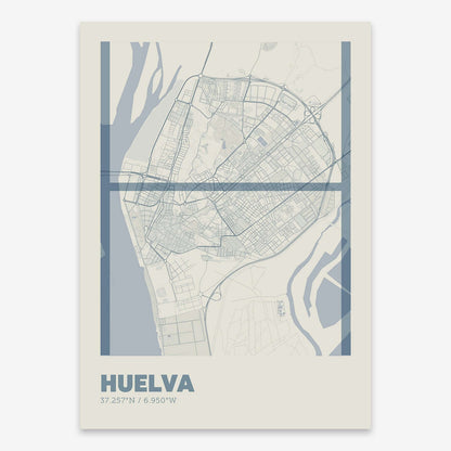 The map of Huelva composed with letters in extra light font printed on bluish gray and an off-white background