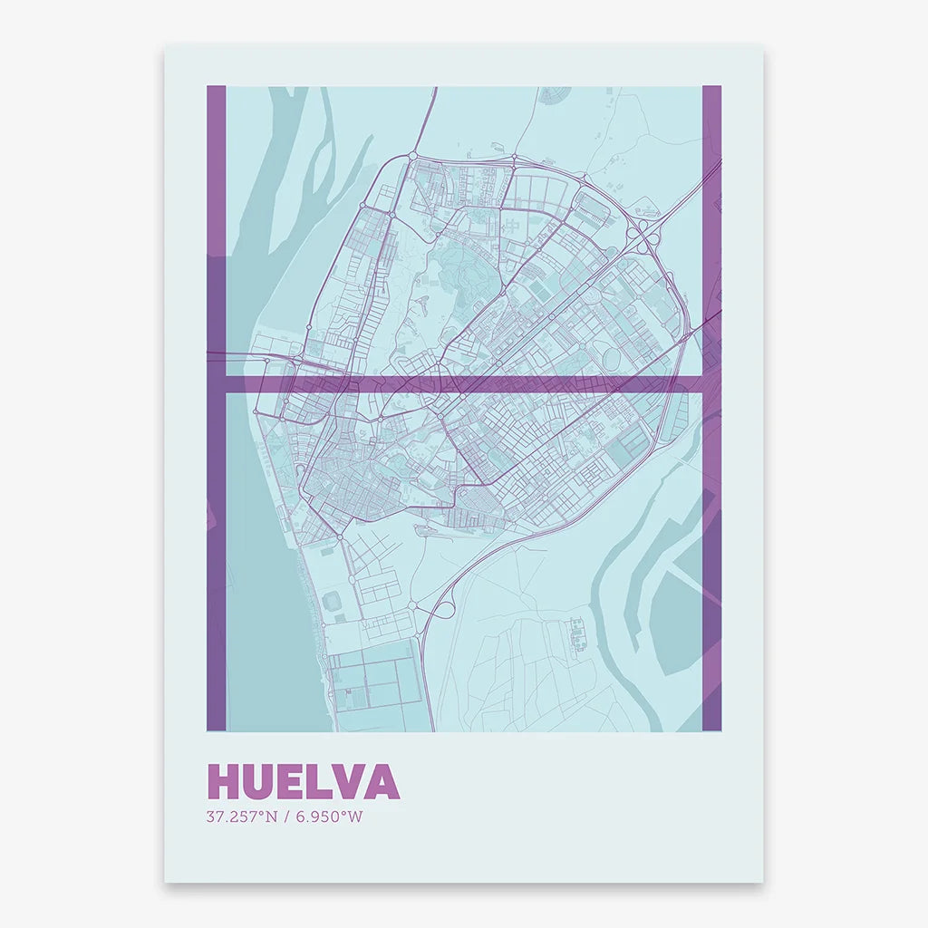 Poster of Huelva composed with letters in extra light font printed on purple and light blue