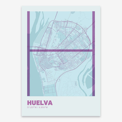 The map of Huelva composed with letters in extra light font printed on purple and light blue
