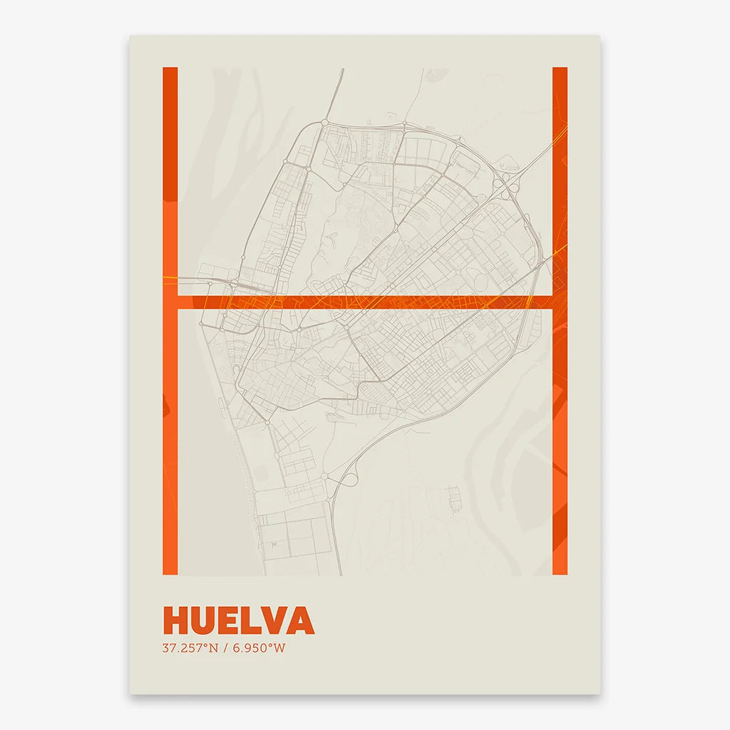 Poster of Huelva composed with letters in extra light font printed on orange and an off-white background