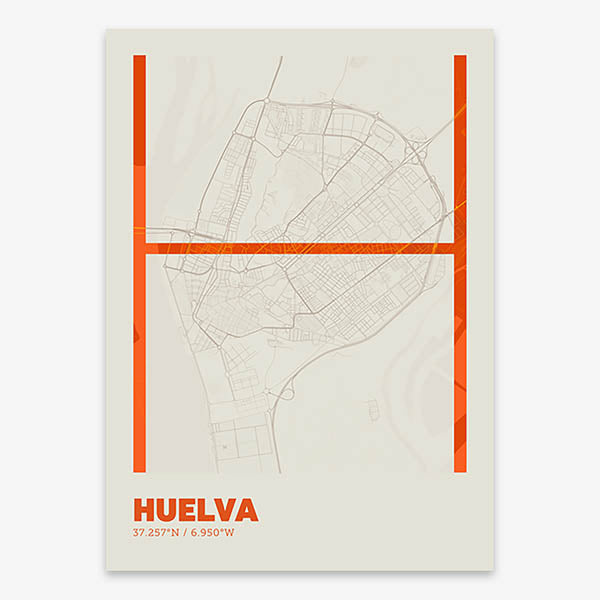 Poster of Huelva composed with letters in extra light font printed on orange and an off-white background