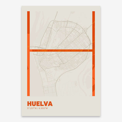 The map of Huelva composed with letters in extra light font printed on orange and an off-white background
