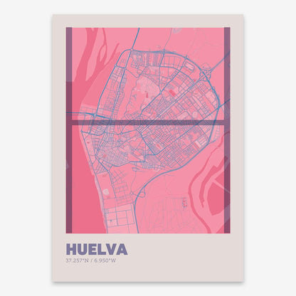 The map of Huelva composed with letters in extra light font printed on violet y pink background