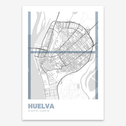 The map of Huelva composed with letters in extra light font printed on black and white