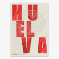 Decorative print of Huelva with letters of its name placed randomly, designed in red and an off-white background
