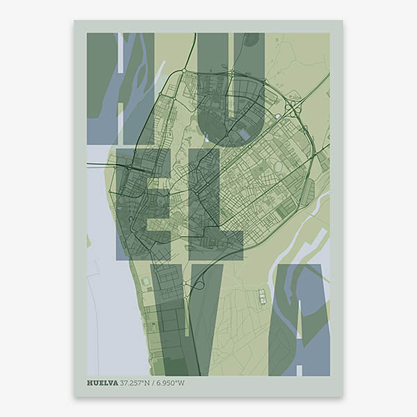 Decorative print of Huelva with letters of its name placed randomly, designed in two green tones