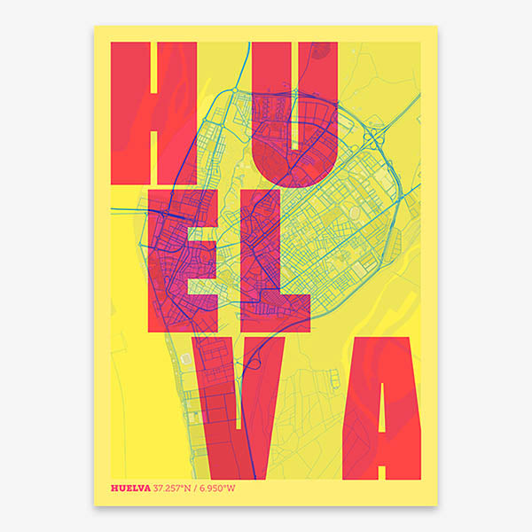 Decorative print of Huelva with letters of its name placed randomly, designed in yellow and fuchsia