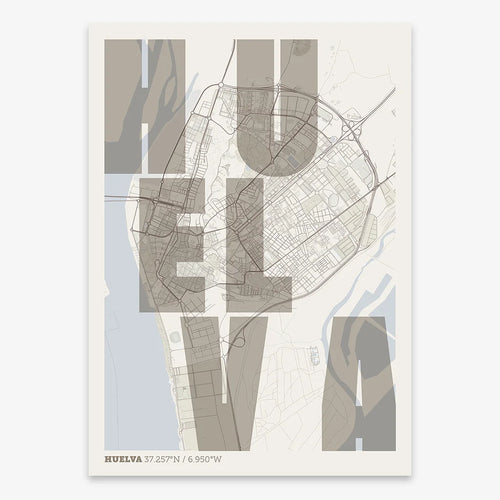 Mapa de Huelva en el diseño la Revoltosa, donde las letras del nombre aparecen aleatoriamente en diferentes líneas para un diseño urbano realmente original diseñado en marrón claro y fondo blanco roto