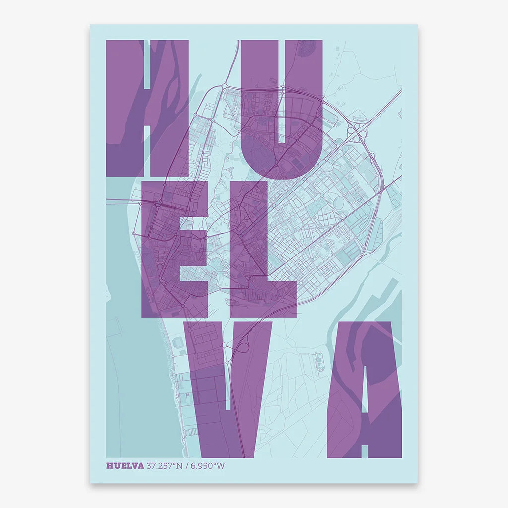 Decorative print of Huelva with letters of its name placed randomly, designed in purple and light blue