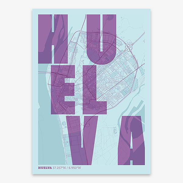 Decorative print of Huelva with letters of its name placed randomly, designed in purple and light blue