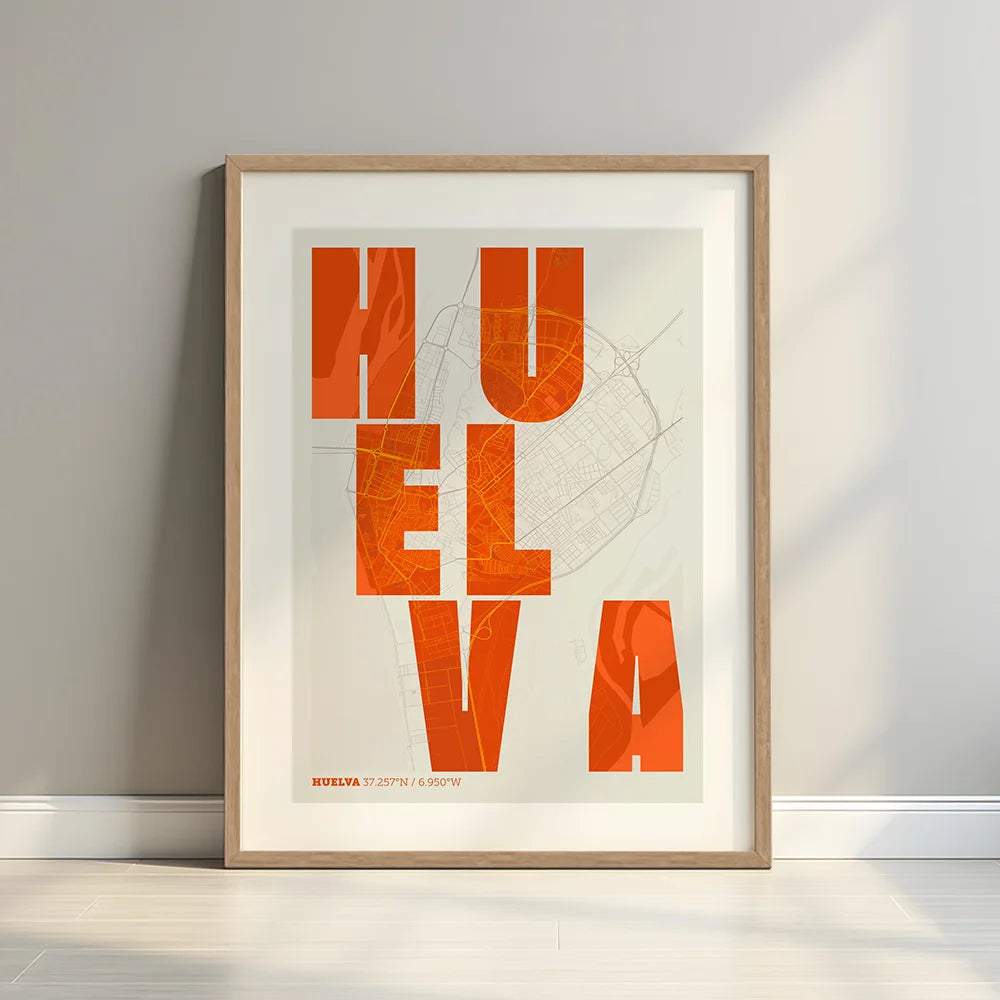 Lámina creativa de Huelva – Diseño gráfico y tipografía sobre mapa