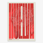 Decorative map of Huelva and letters of its name in a giclée print designed in red and an off-white background