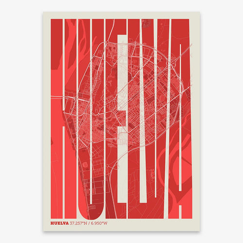 Mapa de Huelva en el diseño la Extra Comprimida, donde las letras se ajustan al ancho del mapa de la ciudad diseñado en rojo y fondo blanco roto
