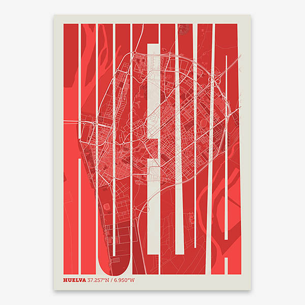 Decorative map of Huelva and letters of its name in a giclée print designed in red and an off-white background