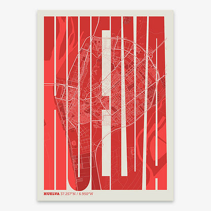 Decorative map of Huelva and letters of its name in a giclée print designed in red and an off-white background