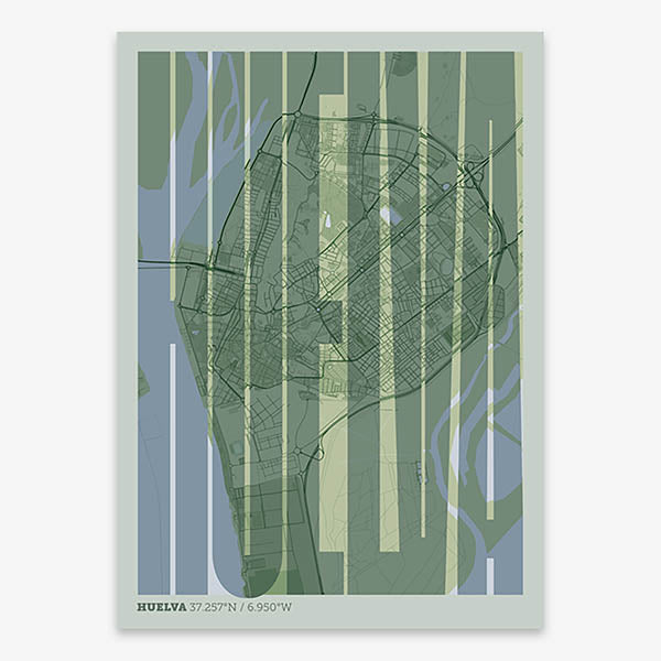 Decorative map of Huelva and letters of its name in a giclée print designed in two green tones