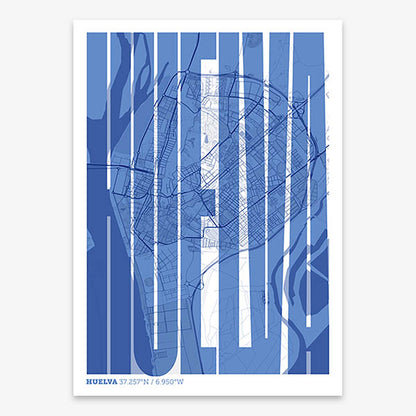 Decorative map of Huelva and letters of its name in a giclée print designed in navy blue and white