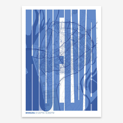 The map of Huelva and letters of its name in a giclée print designed in navy blue and white