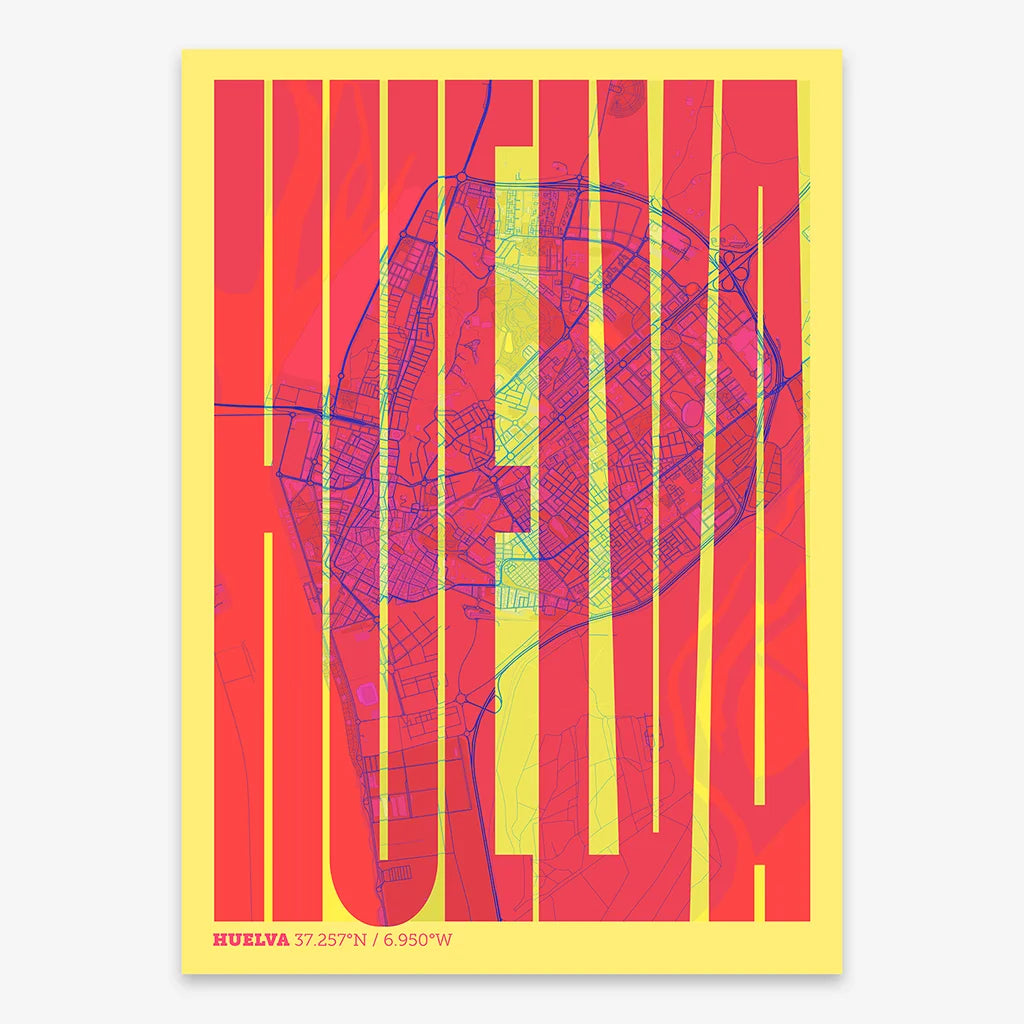 Decorative map of Huelva and letters of its name in a giclée print designed in yellow and fuchsia