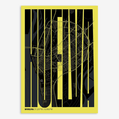 The map of Huelva and letters of its name in a giclée print designed in black and yellow