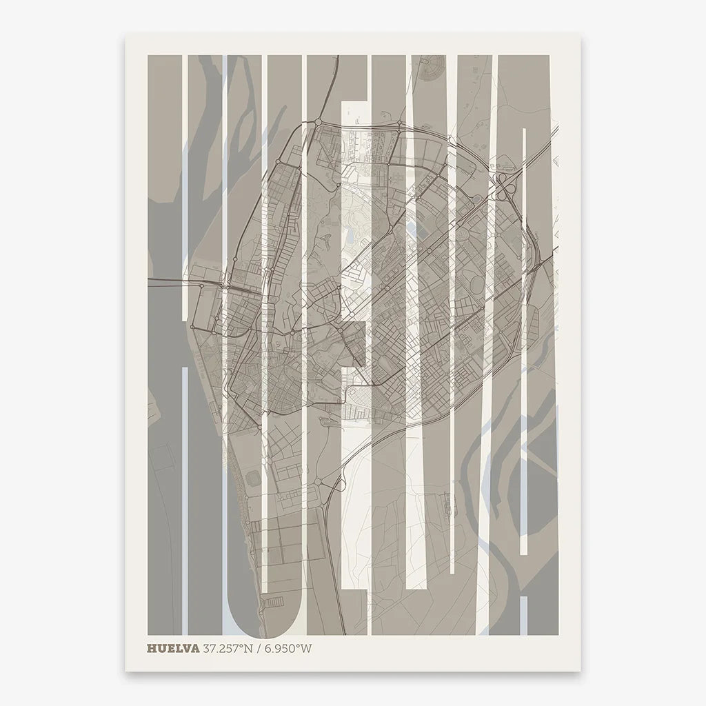 Decorative map of Huelva and letters of its name in a giclée print designed in light brown and an off-white background