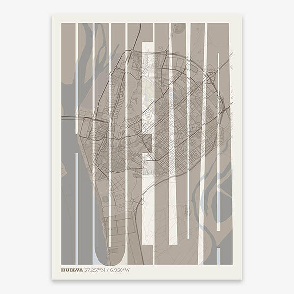 Decorative map of Huelva and letters of its name in a giclée print designed in light brown and an off-white background