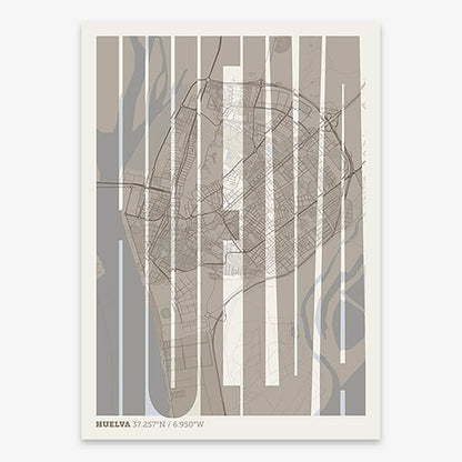 Decorative map of Huelva and letters of its name in a giclée print designed in light brown and an off-white background