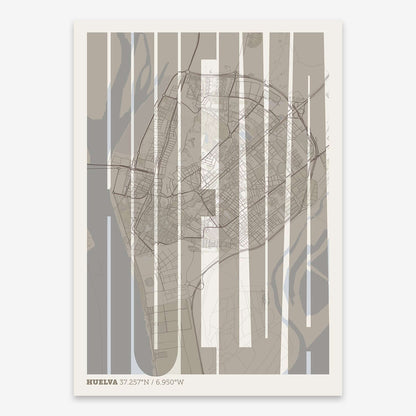 The map of Huelva and letters of its name in a giclée print designed in light brown and an off-white background