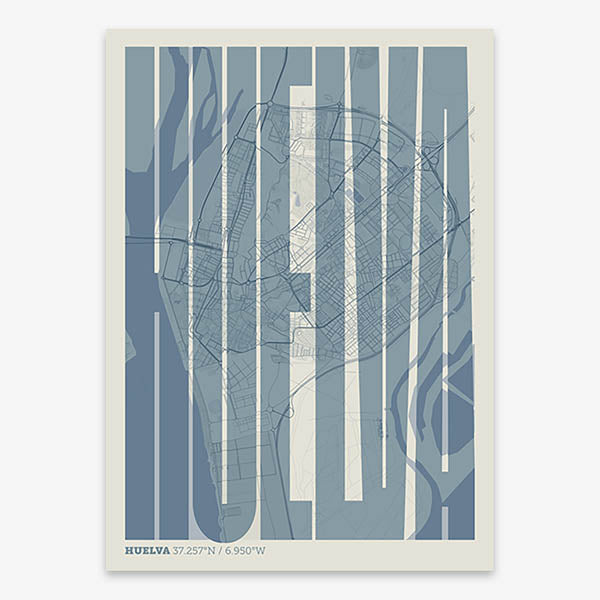 Decorative map of Huelva and letters of its name in a giclée print designed in bluish gray and an off-white background