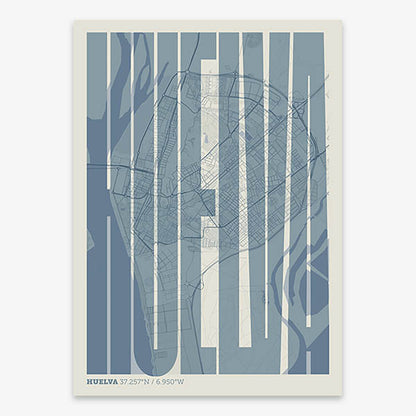 Decorative map of Huelva and letters of its name in a giclée print designed in bluish gray and an off-white background