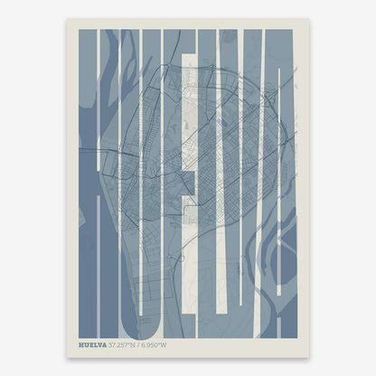 The map of Huelva and letters of its name in a giclée print designed in bluish gray and an off-white background