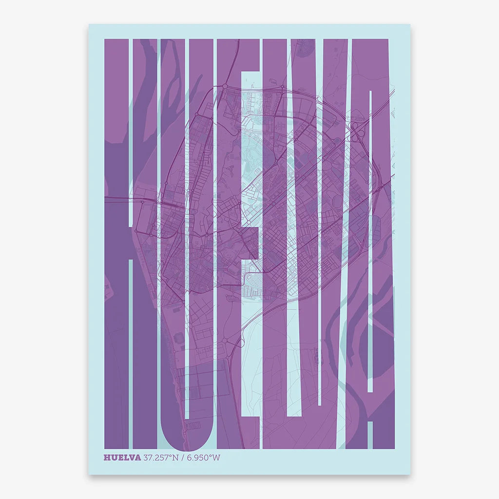 Decorative map of Huelva and letters of its name in a giclée print designed in purple and light blue