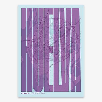 Decorative map of Huelva and letters of its name in a giclée print designed in purple and light blue