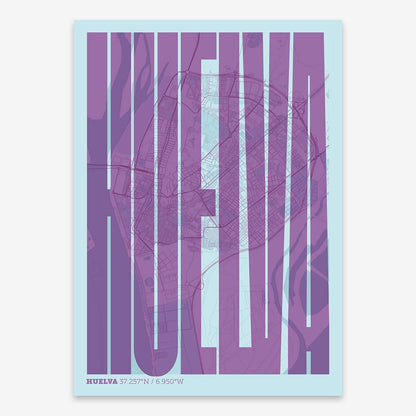 The map of Huelva and letters of its name in a giclée print designed in purple and light blue