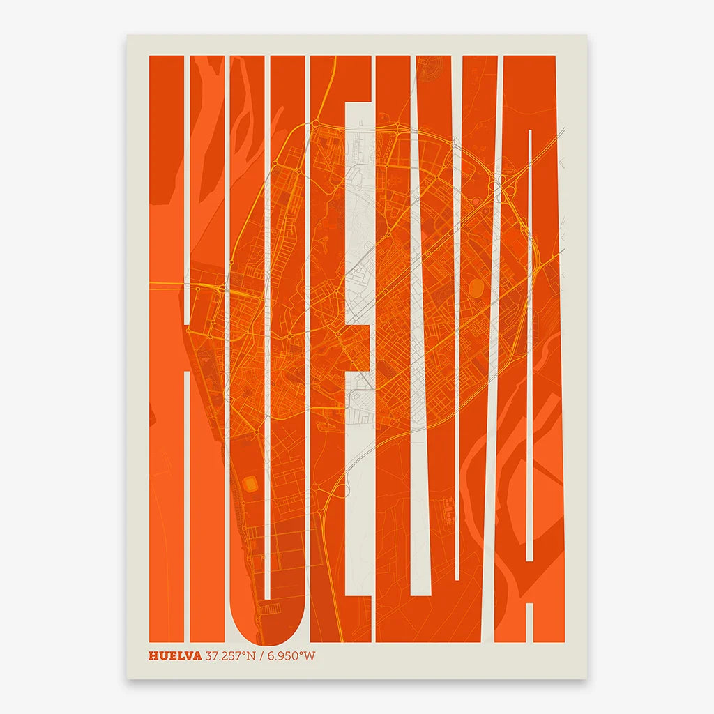 Decorative map of Huelva and letters of its name in a giclée print designed in orange and an off-white background