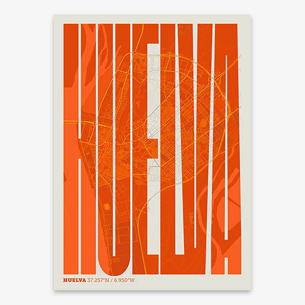 Decorative map of Huelva and letters of its name in a giclée print designed in orange and an off-white background