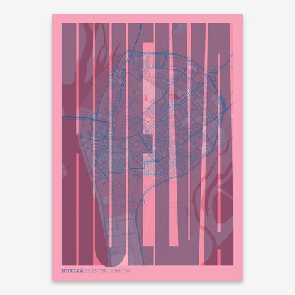 The map of Huelva and letters of its name in a giclée print designed in violet y pink background