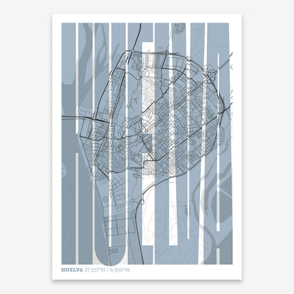 The map of Huelva and letters of its name in a giclée print designed in black and white