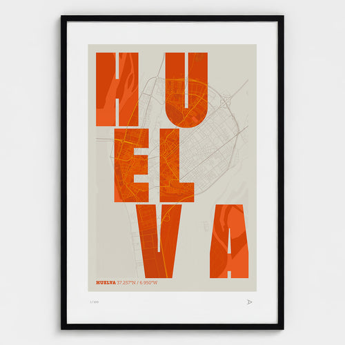 Lámina tipográfica de Huelva – diseño Revoltosa, marco negro