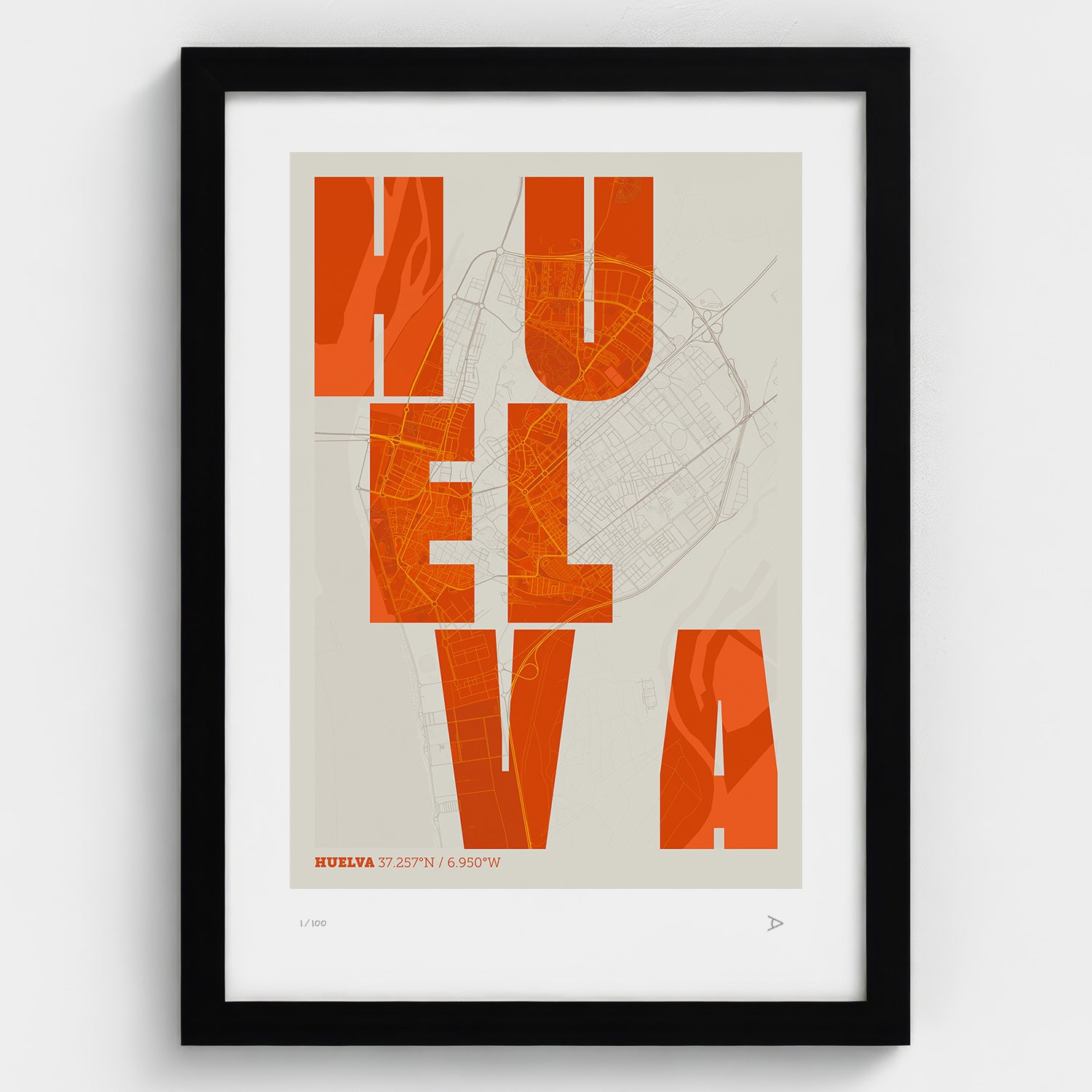 Lámina tipográfica de Huelva – diseño Revoltosa, marco negro