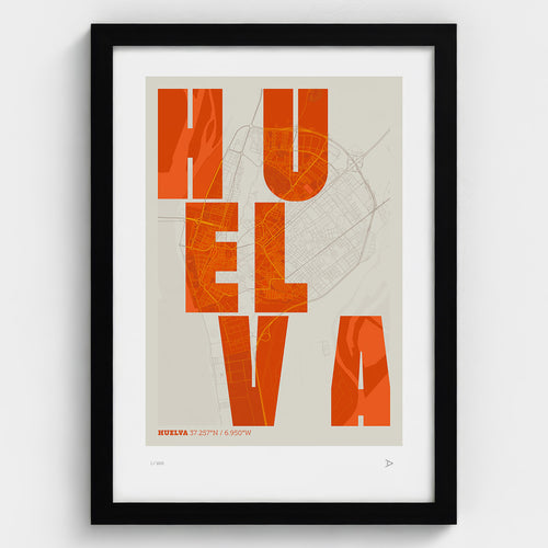Lámina tipográfica de Huelva – diseño Revoltosa, marco negro