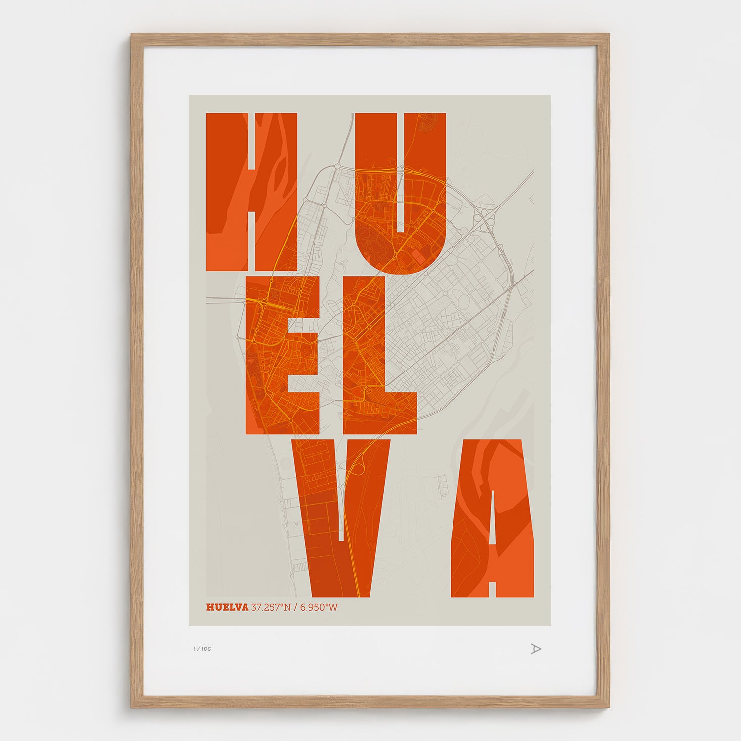 Lámina tipográfica de Huelva – diseño Revoltosa, marco de madera natural