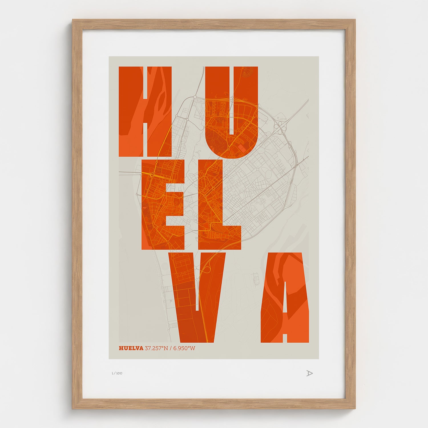 Lámina tipográfica de Huelva – diseño Revoltosa, marco de madera natural