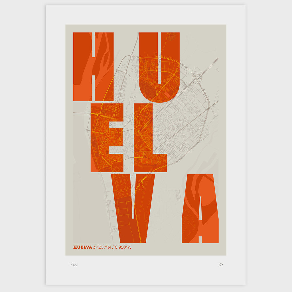 Lámina tipográfica de Huelva – diseño Revoltosa, sin marco sobre papel