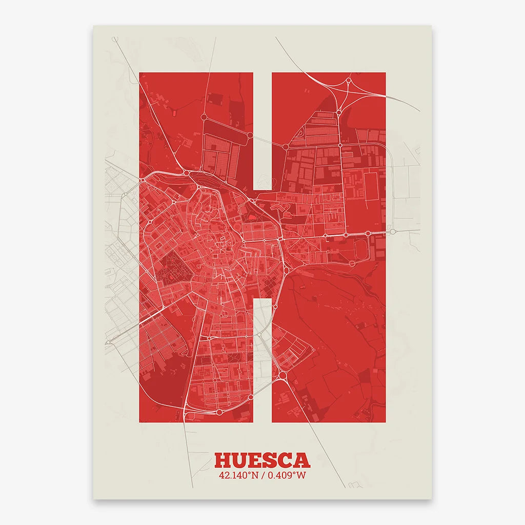 Decorative print of Huesca composed with letters in a heavy geometric font printed on red and an off-white background